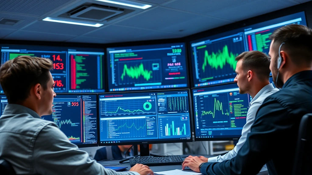 Professional cybersecurity team monitoring security dashboards with multiple screens displaying network traffic and threat alerts in a modern operations center