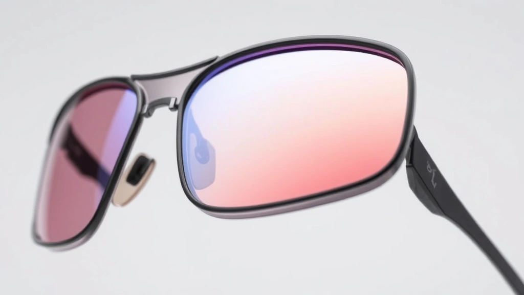 Close-up of premium wraparound sunglasses lens showing anti-reflective coating and polarization technology with clear optical quality and professional design