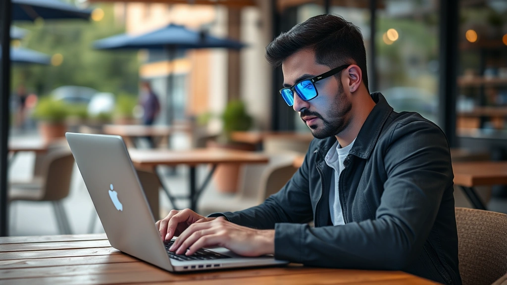 Remote cybersecurity professional working on laptop at outdoor café wearing blue light filtering glasses with privacy screen protector visible on device